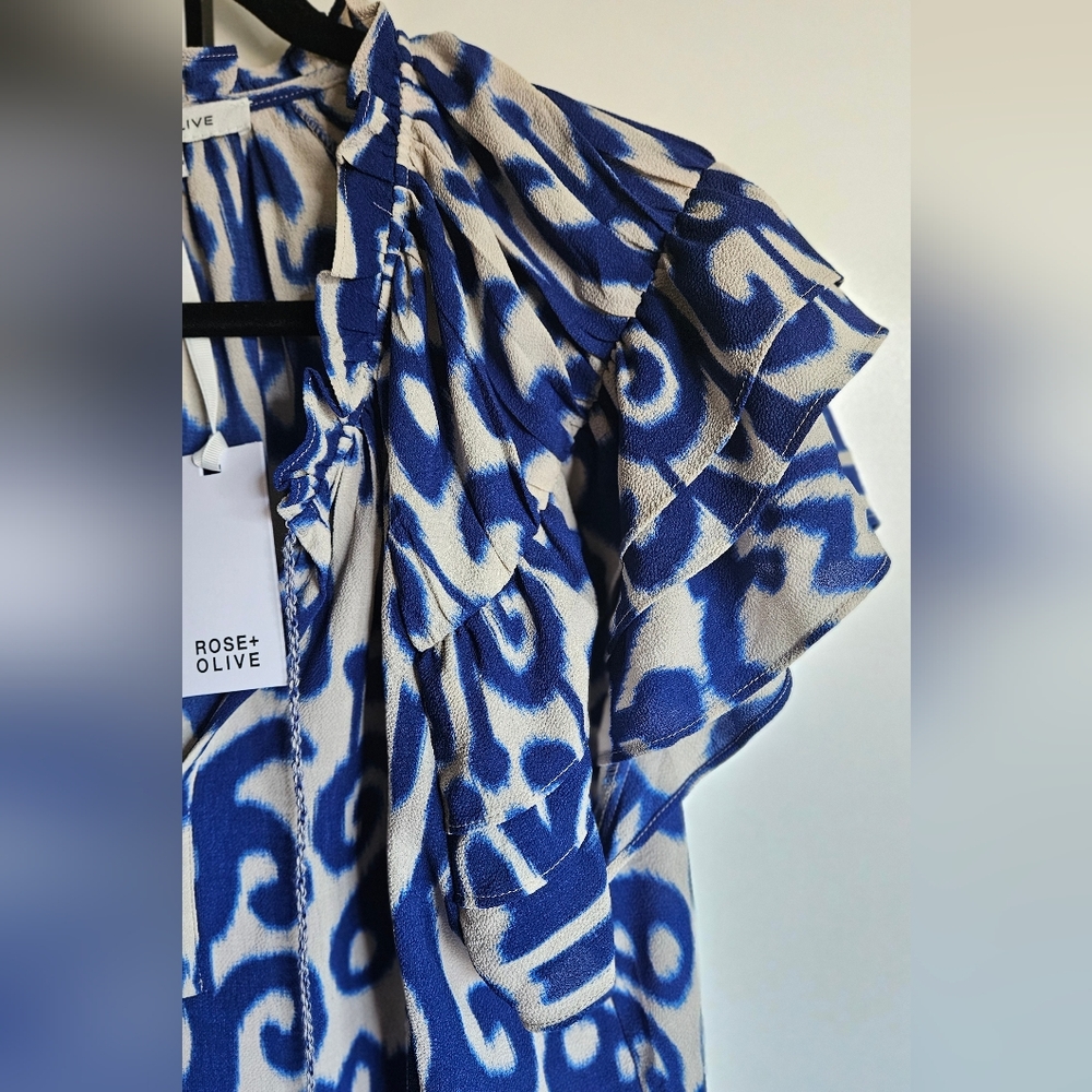 Rose + Olive Ikat Blue and Cream Blouse